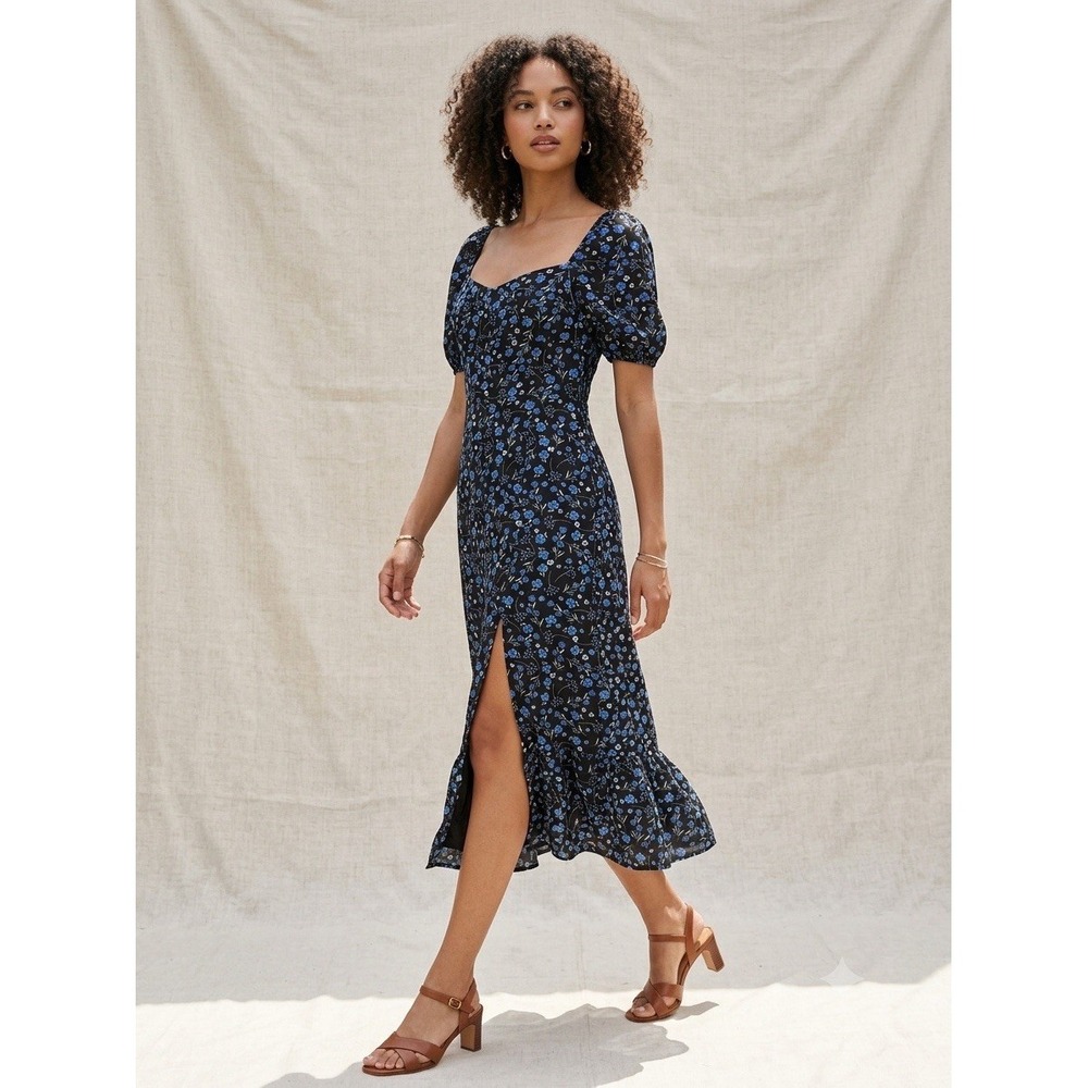 Commense Floral Midi Dress XL Womens Black Blue Puff Short Sleeve‎ Slit Ruffle